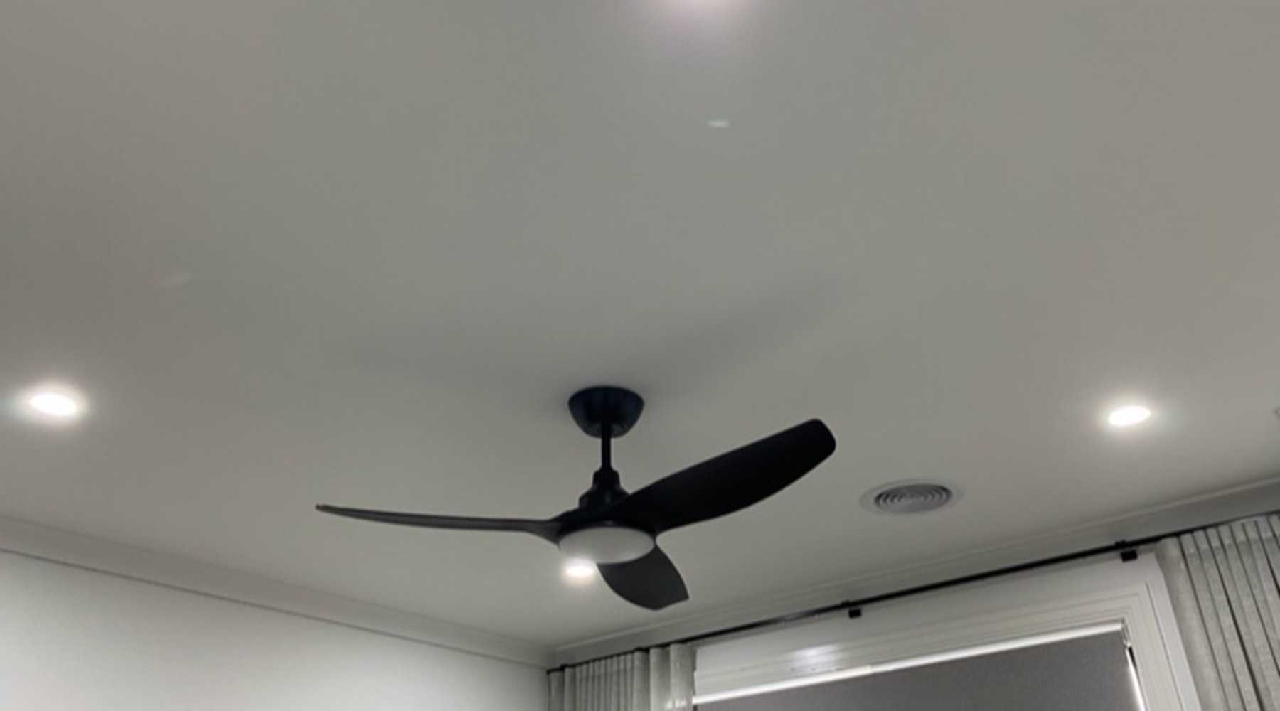 Finished ceiling fan and downlight installation by RWM Electrical Contracting